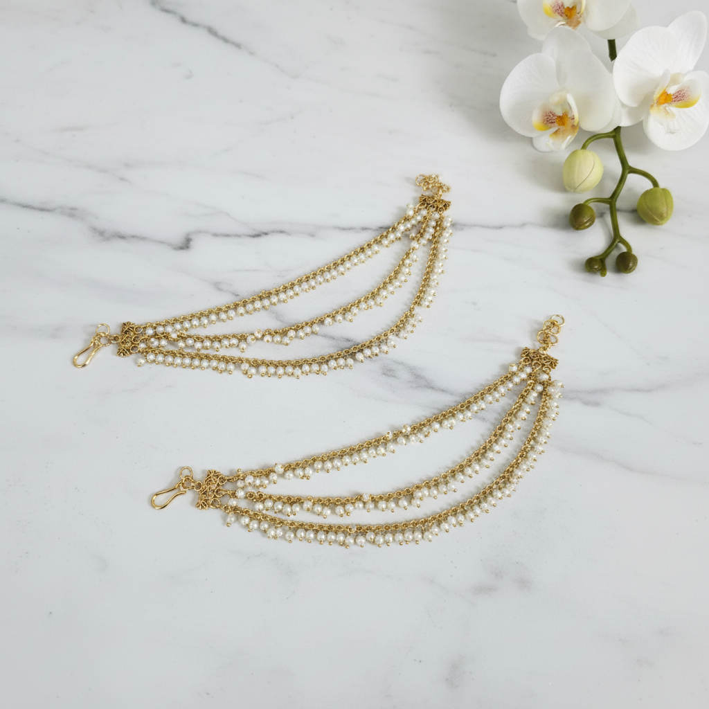 Triple-Layered Pearl Saharay Ear Chains - View 2