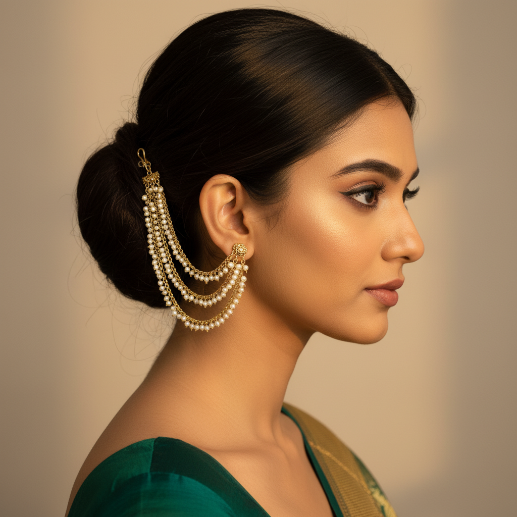 Triple-Layered Pearl Saharay Ear Chains - View 3