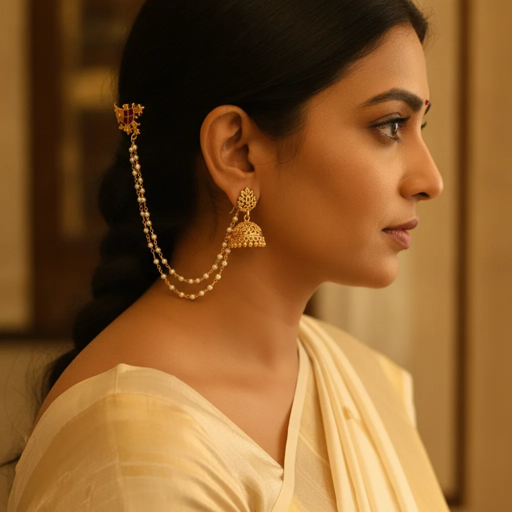 Royal Bird Motif Double Pearl Ear Chain