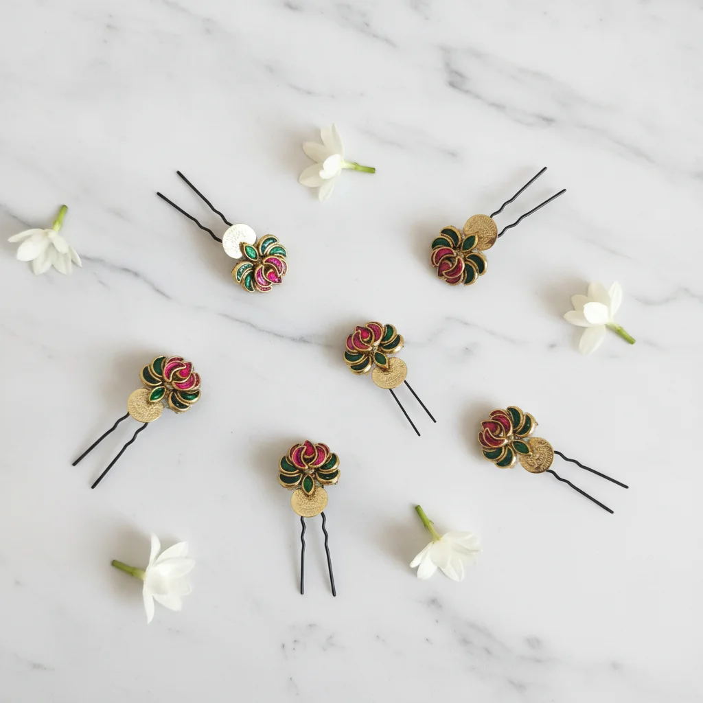 Traditional Lotus & Lakshmi Coin Hair Pins (Set of 6)