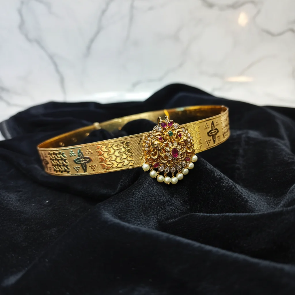 Traditional Gold Floral Vaddanam Waist Belt - View 2
