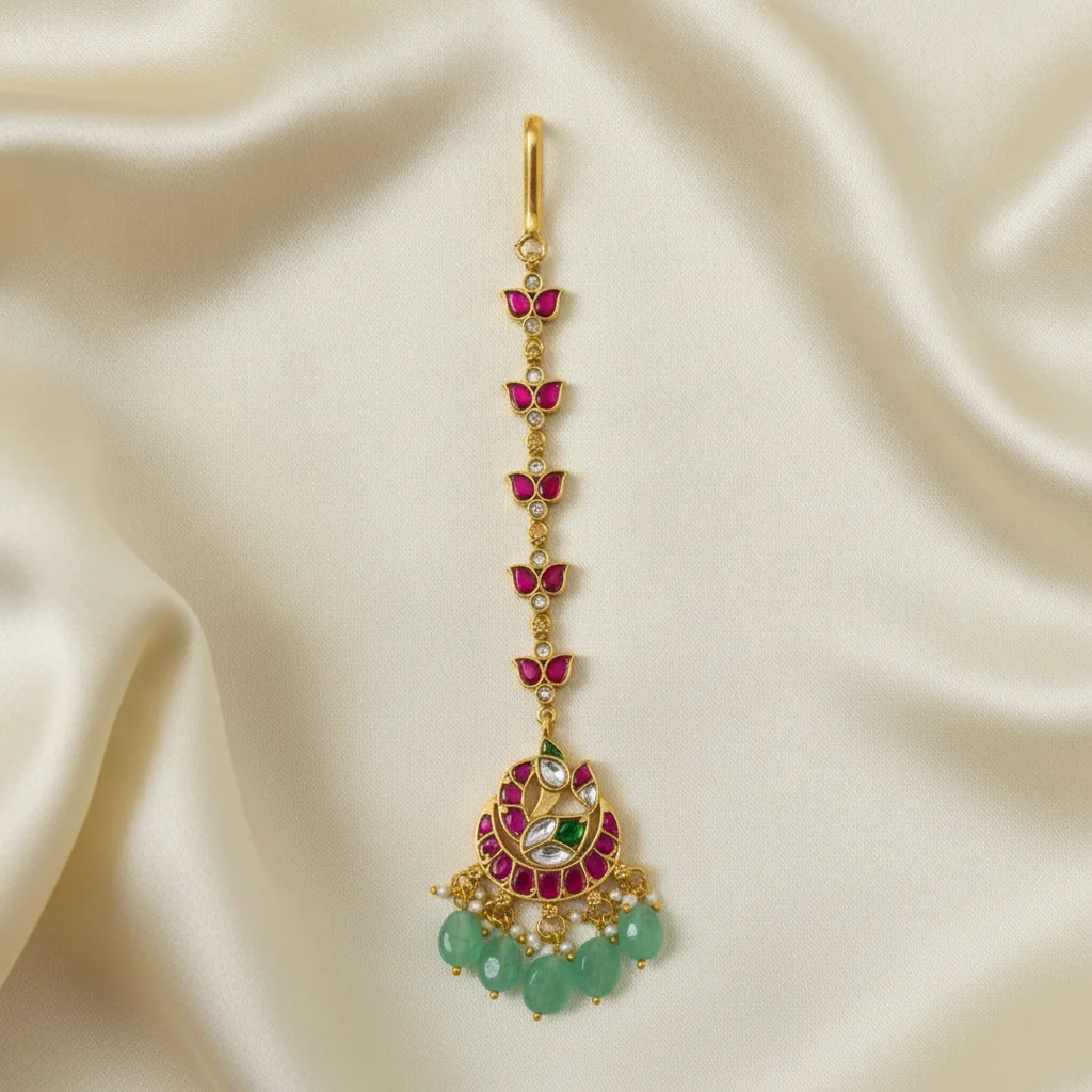 Classic Ruby & Emerald Kundan Maang Tikka