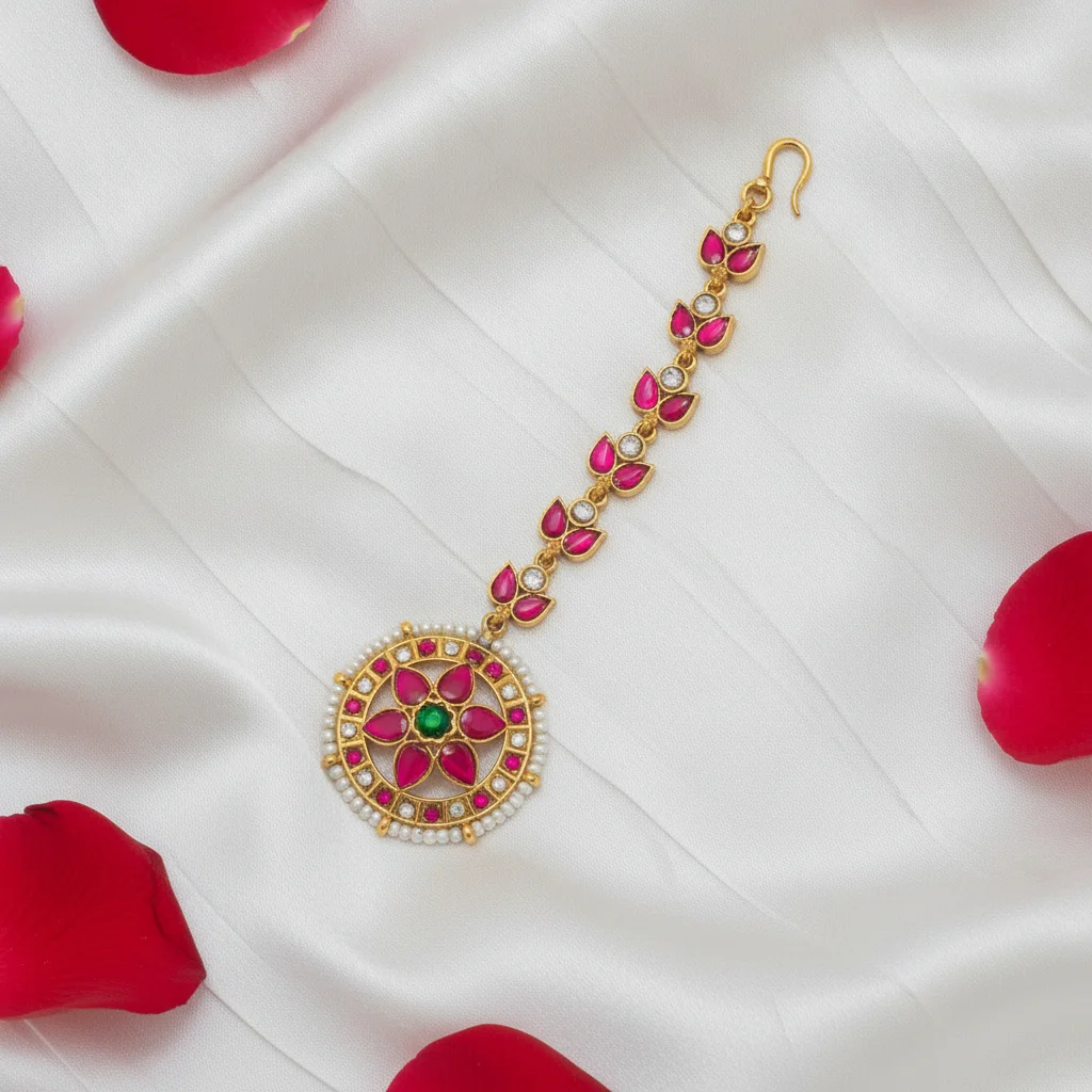 Royal Ruby & Pearl Floral Maang Tikka