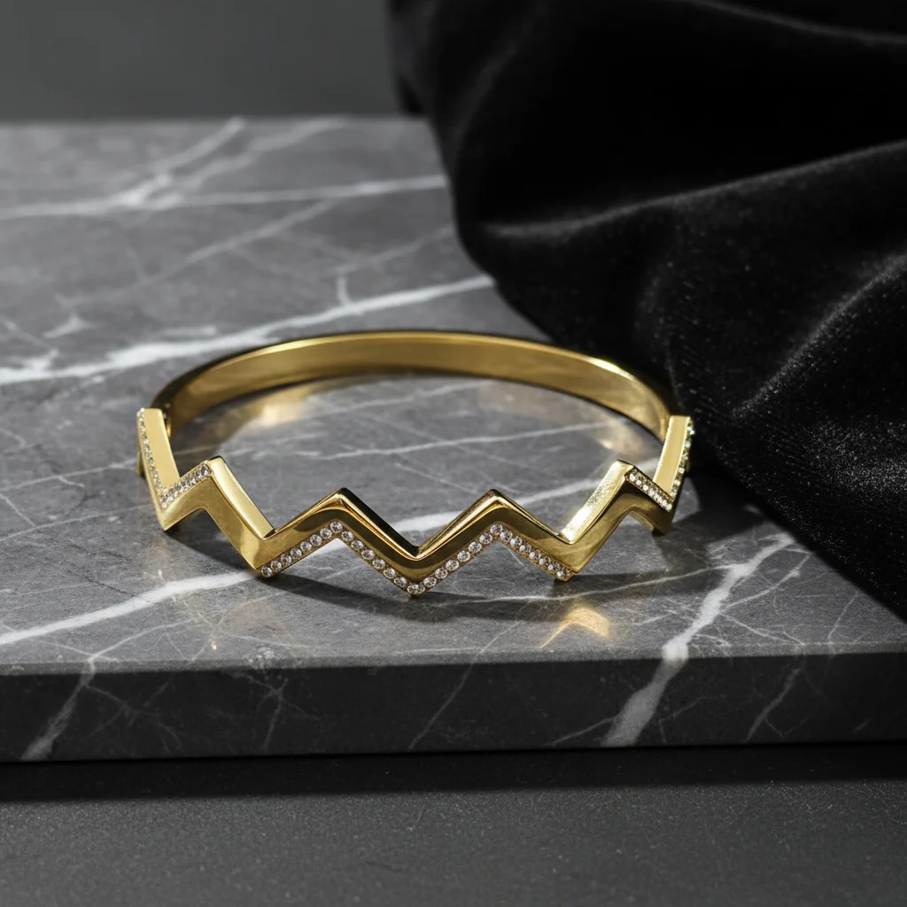 Zigzag Pave Gold Anti-Tarnish Bangle - View 2