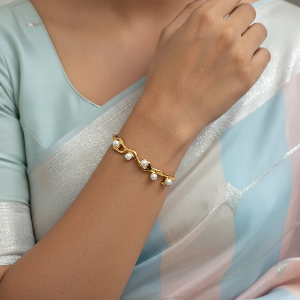Gilded Wave Pearl Anti-Tarnish Cuff