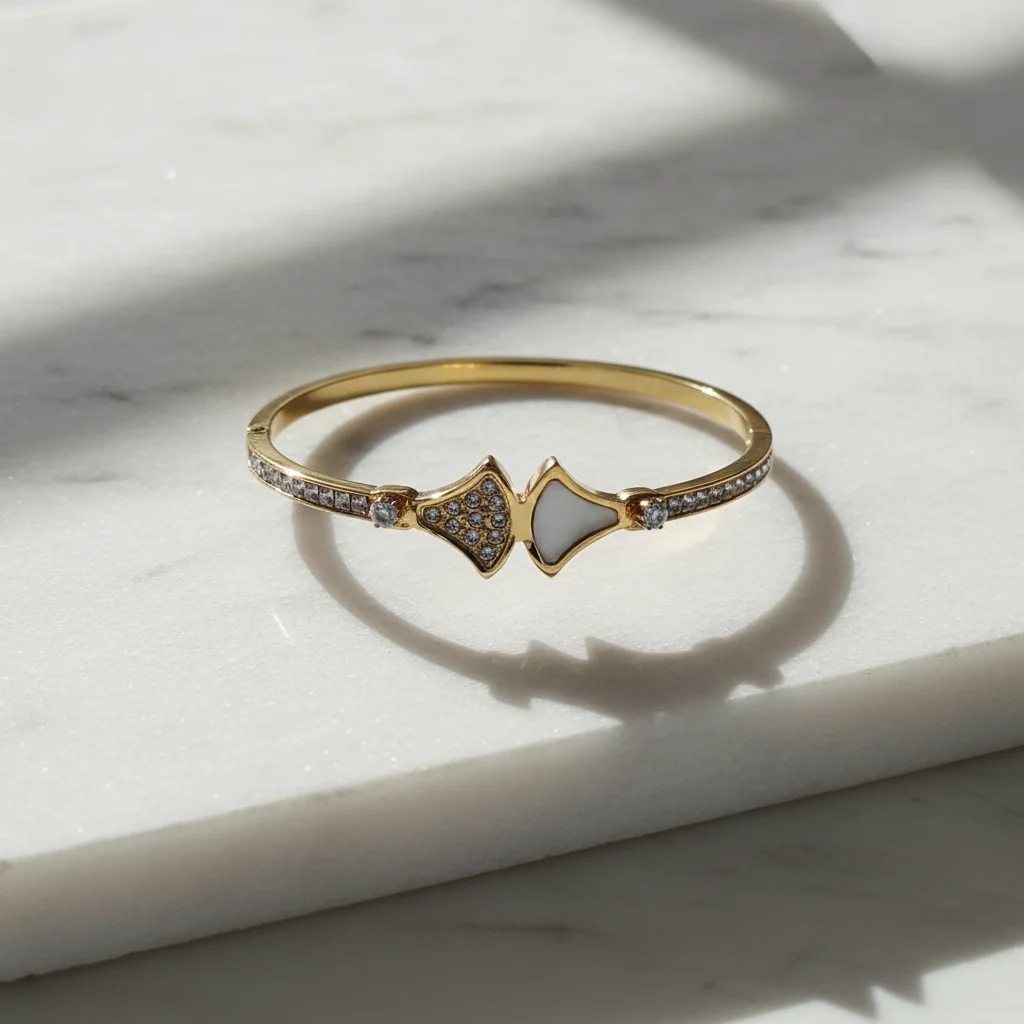 Gilded Leaf & Enamel Geometric Bangle