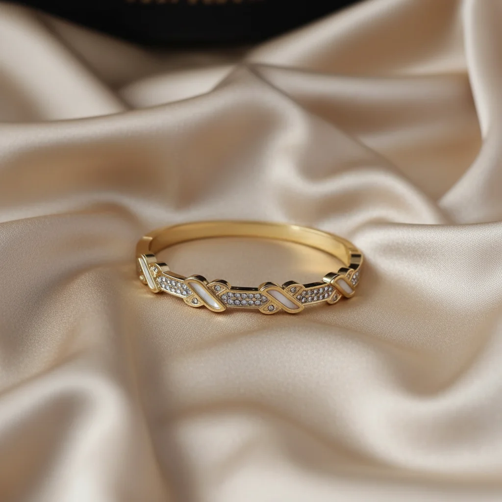 Gilded Radiance: Mother-of-Pearl & Pave Hinged Bangle