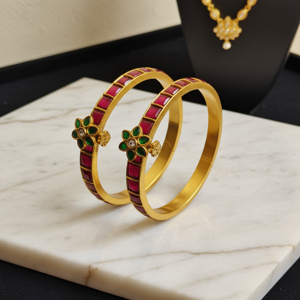 The Rohini Crimson Floral Matte Bangles - View 3