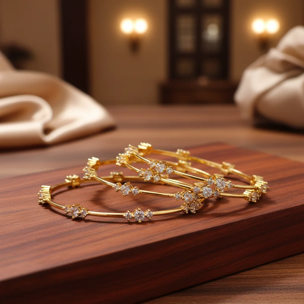 Floral CZ Gold Plated Slender Bangles - View 2