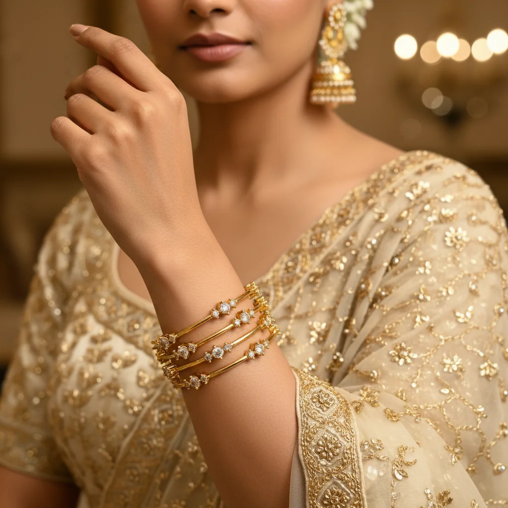 Floral CZ Gold Plated Slender Bangles