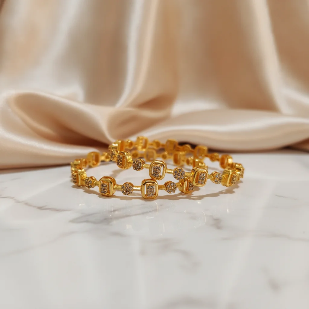 Regal Geometric Stone-Studded Bangle Pair - View 2