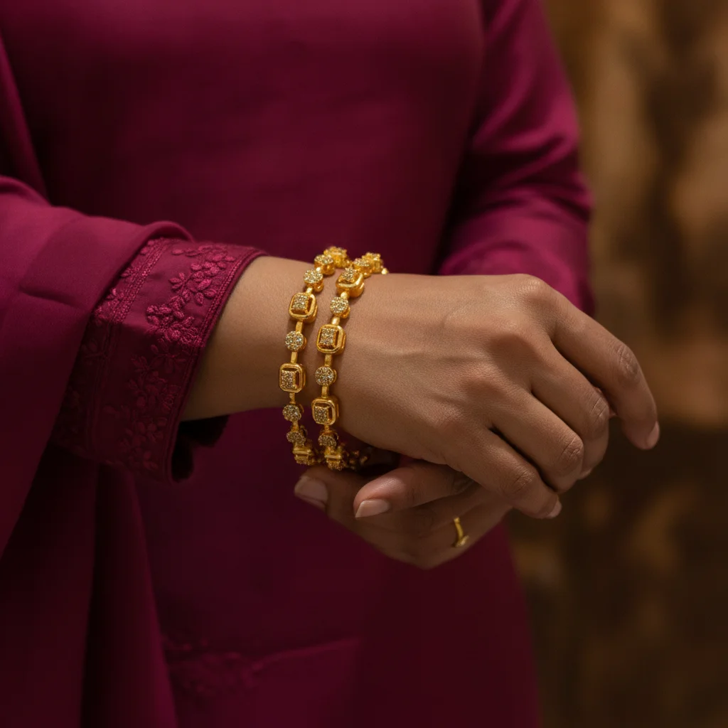 Regal Geometric Stone-Studded Bangle Pair