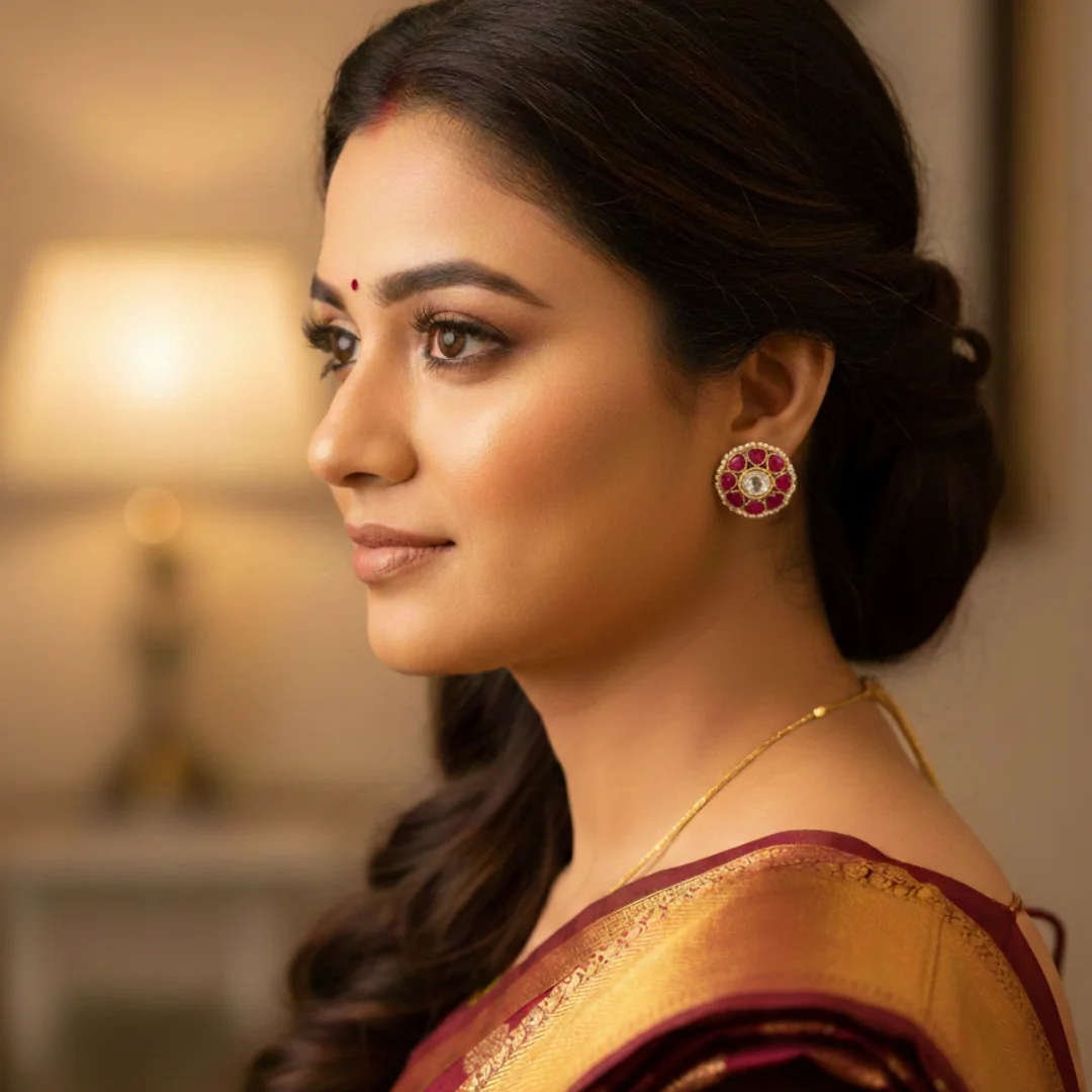 Aadhya Ruby & Kundan Pearl-Edged Stud Earrings - View 2