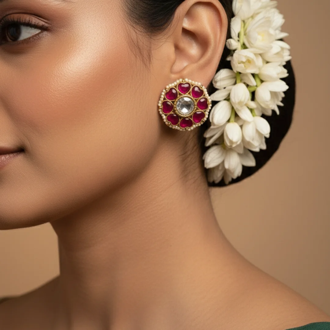 Aadhya Ruby & Kundan Pearl-Edged Stud Earrings - View 3