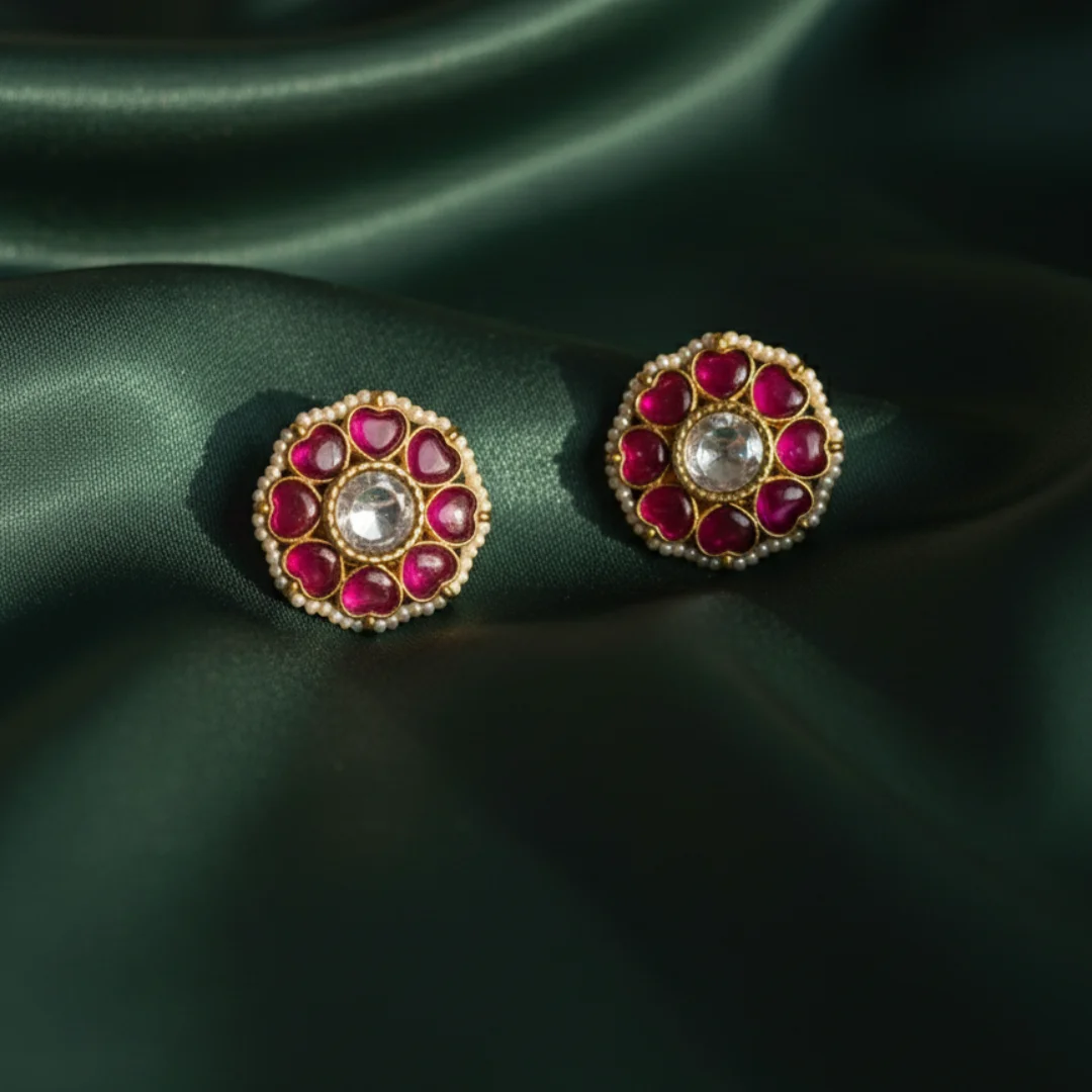 Aadhya Ruby & Kundan Pearl-Edged Stud Earrings - View 5