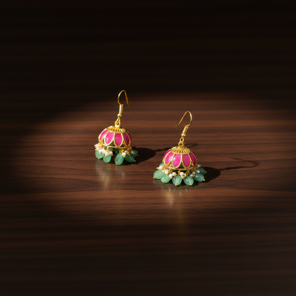Regal Lotus Pink & Emerald Jhumkas - View 2