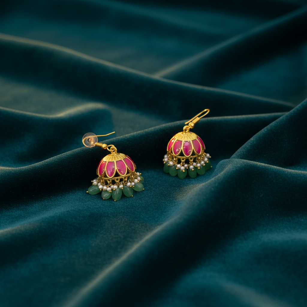 Regal Lotus Pink & Emerald Jhumkas