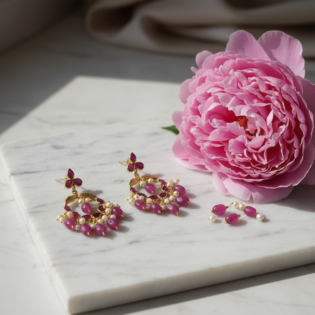Royal Crimson Blossom Pearl Earrings - View 2
