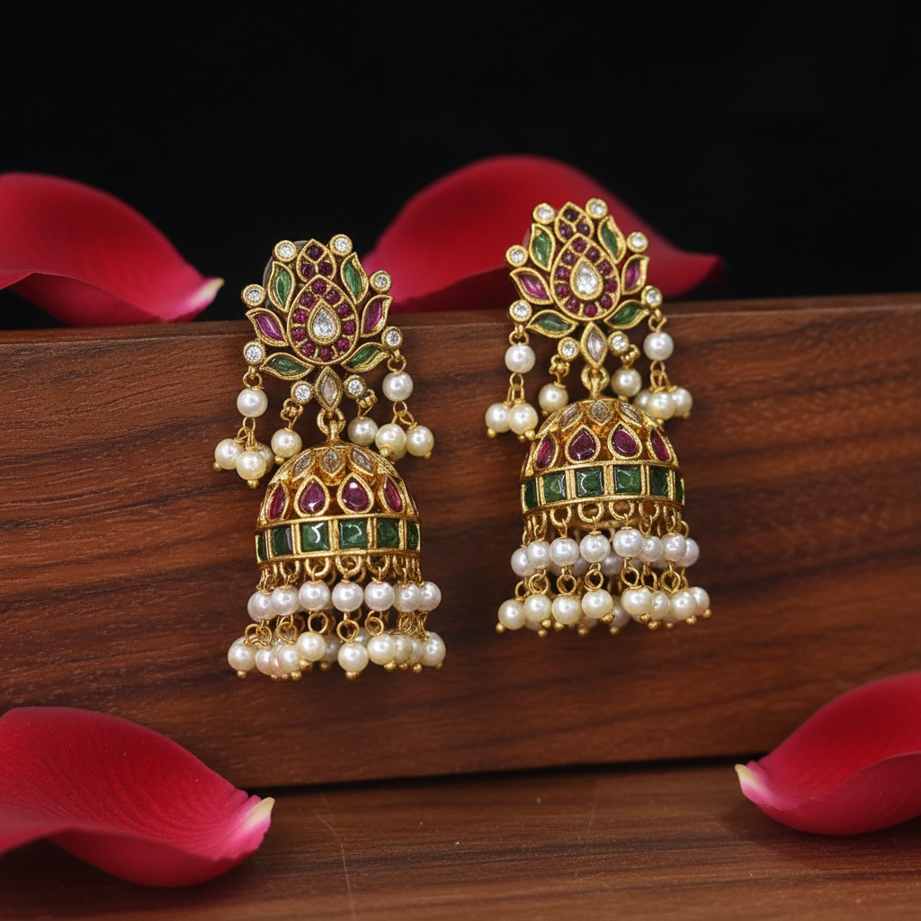 Regal Lotus Kemp Jhumkas with Pearl Drops - View 2