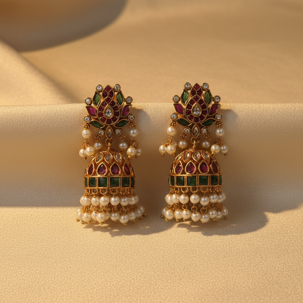 Regal Lotus Kemp Jhumkas with Pearl Drops - View 3