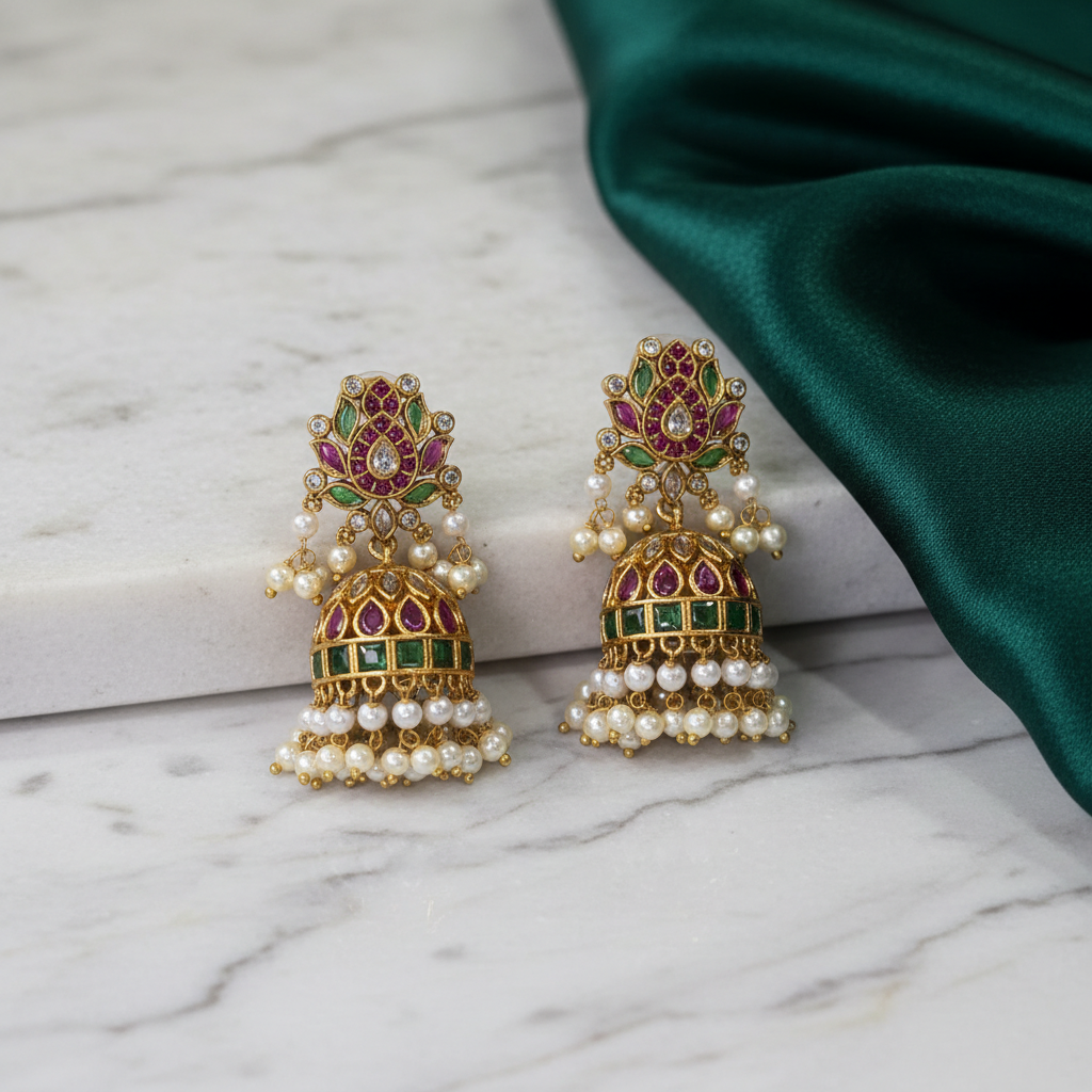 Regal Lotus Kemp Jhumkas with Pearl Drops