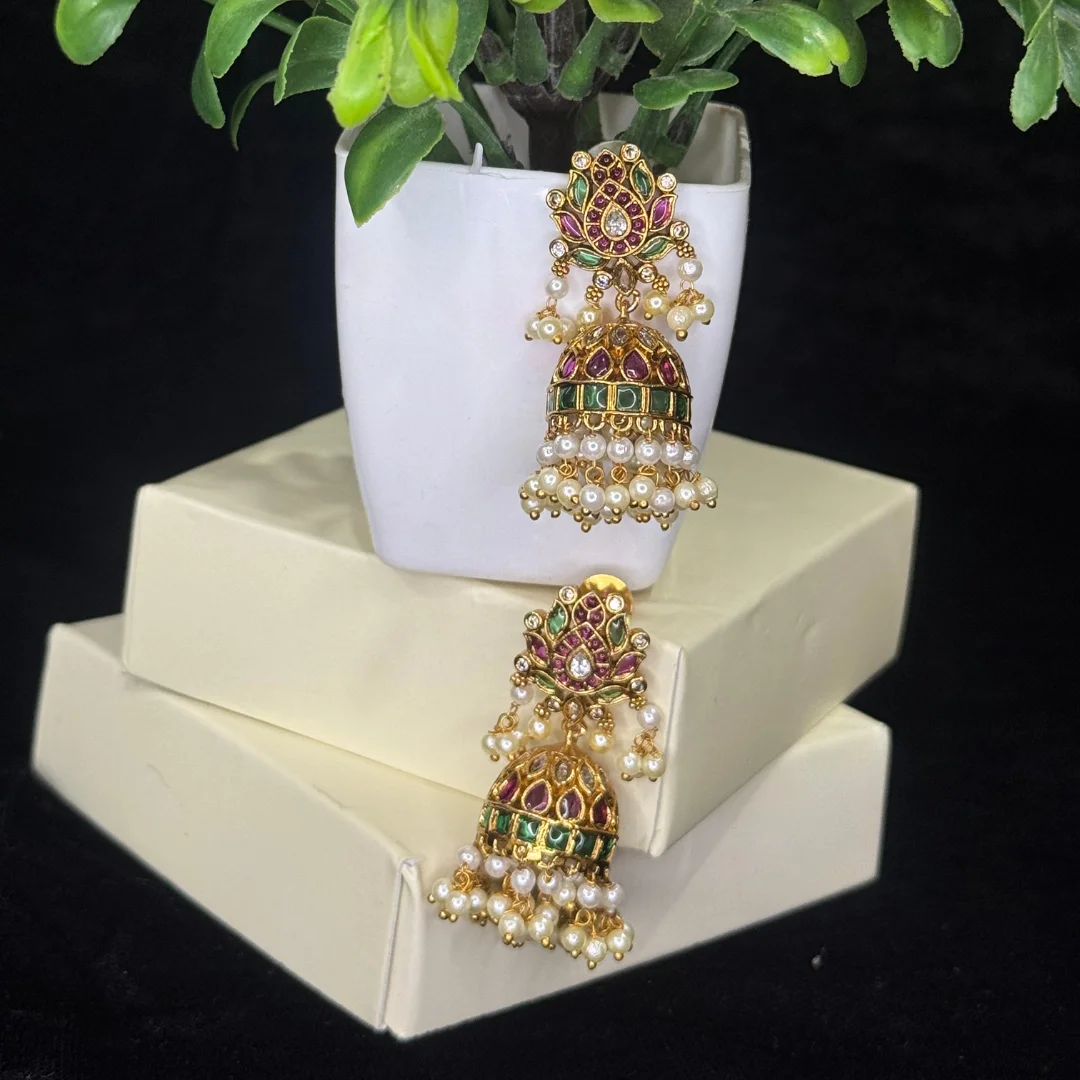 Regal Lotus Kemp Jhumkas with Pearl Drops - View 4