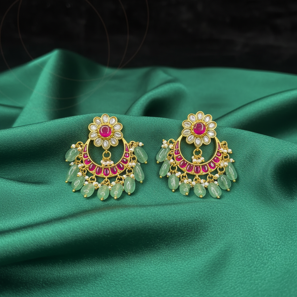 Vrinda Emerald & Ruby Floral Chandbalis - View 2