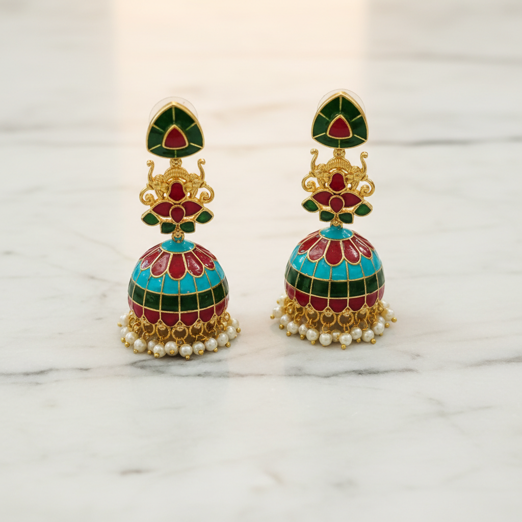 Vibrant Enamel Heritage Temple Jhumkas - View 2