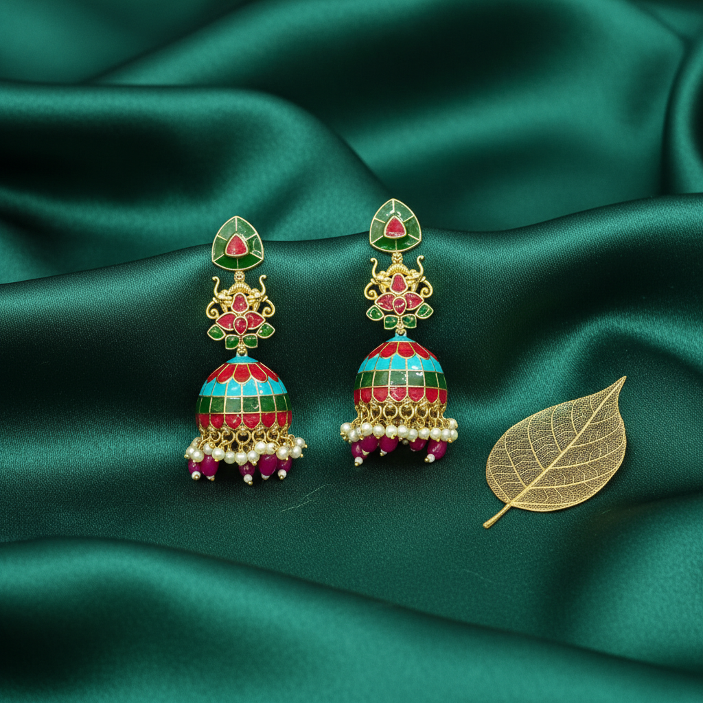 Vibrant Enamel Heritage Temple Jhumkas