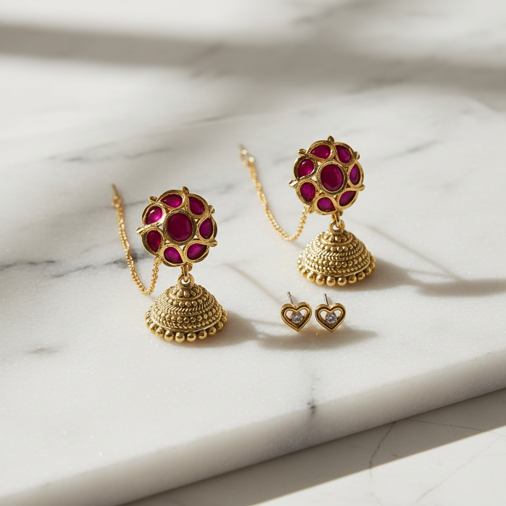 Ruby Radiance Antique Jhumka Set