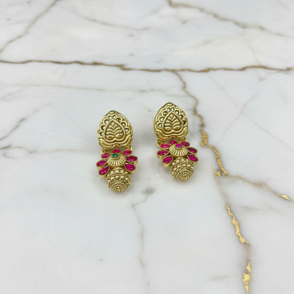 Regal Heart & Floral Stone Drop Earrings - View 2