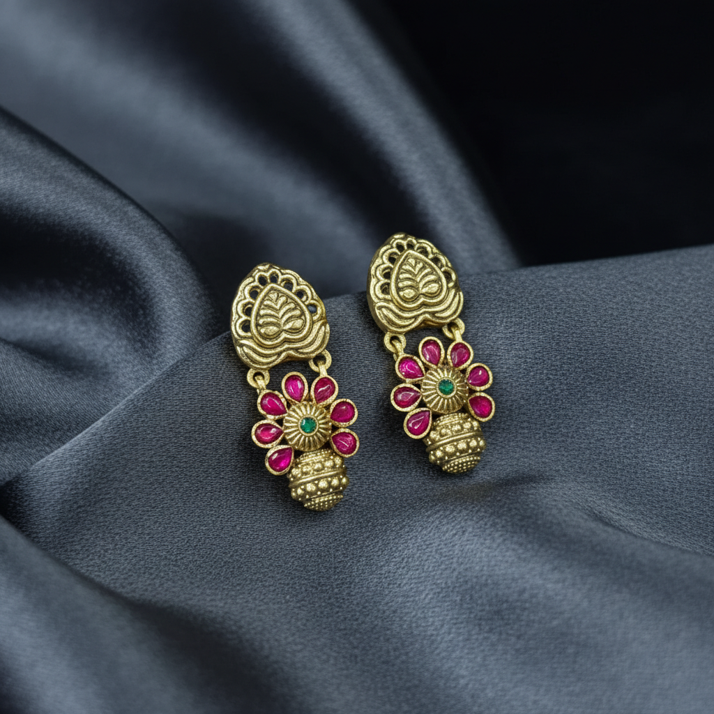 Regal Heart & Floral Stone Drop Earrings
