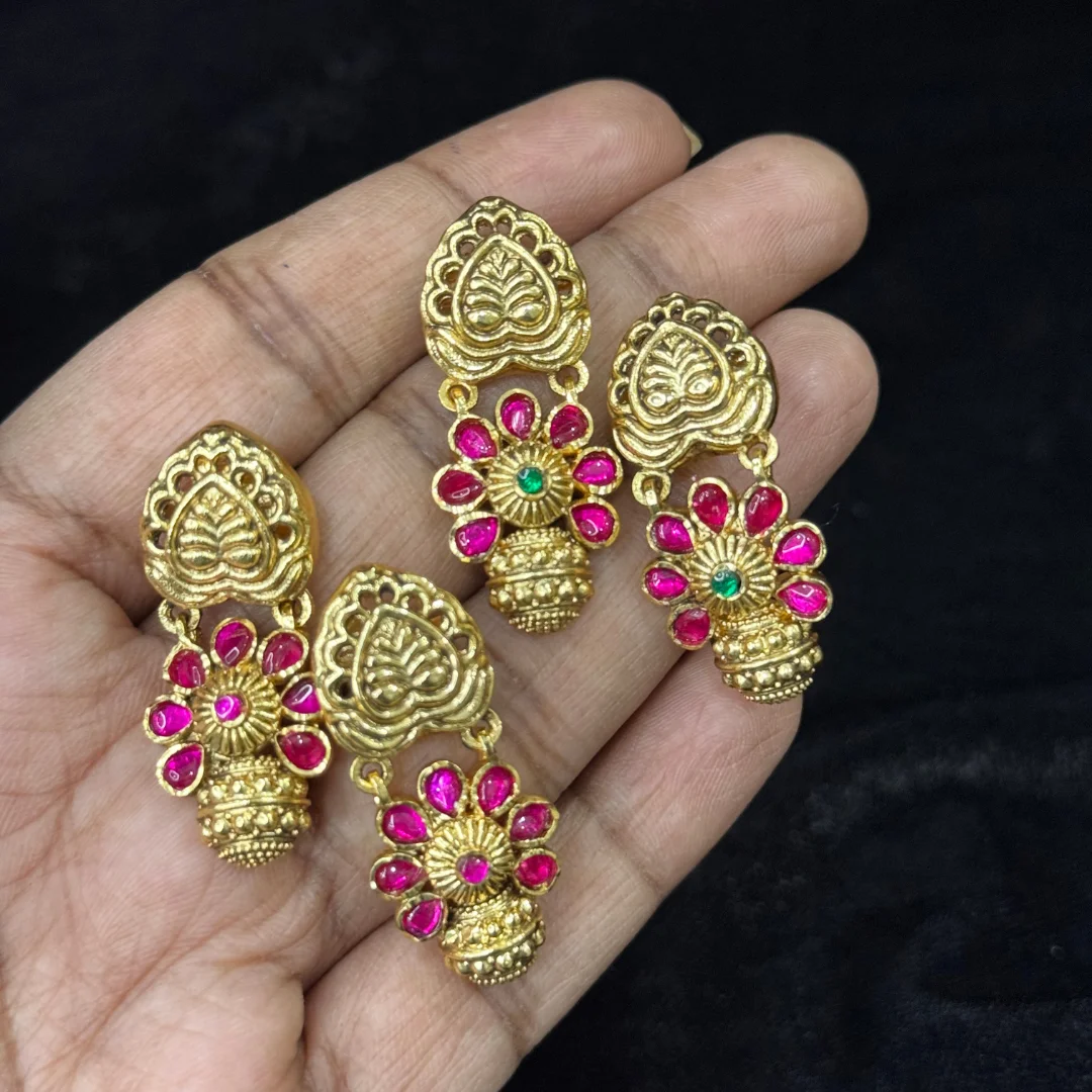 Regal Heart & Floral Stone Drop Earrings - View 3