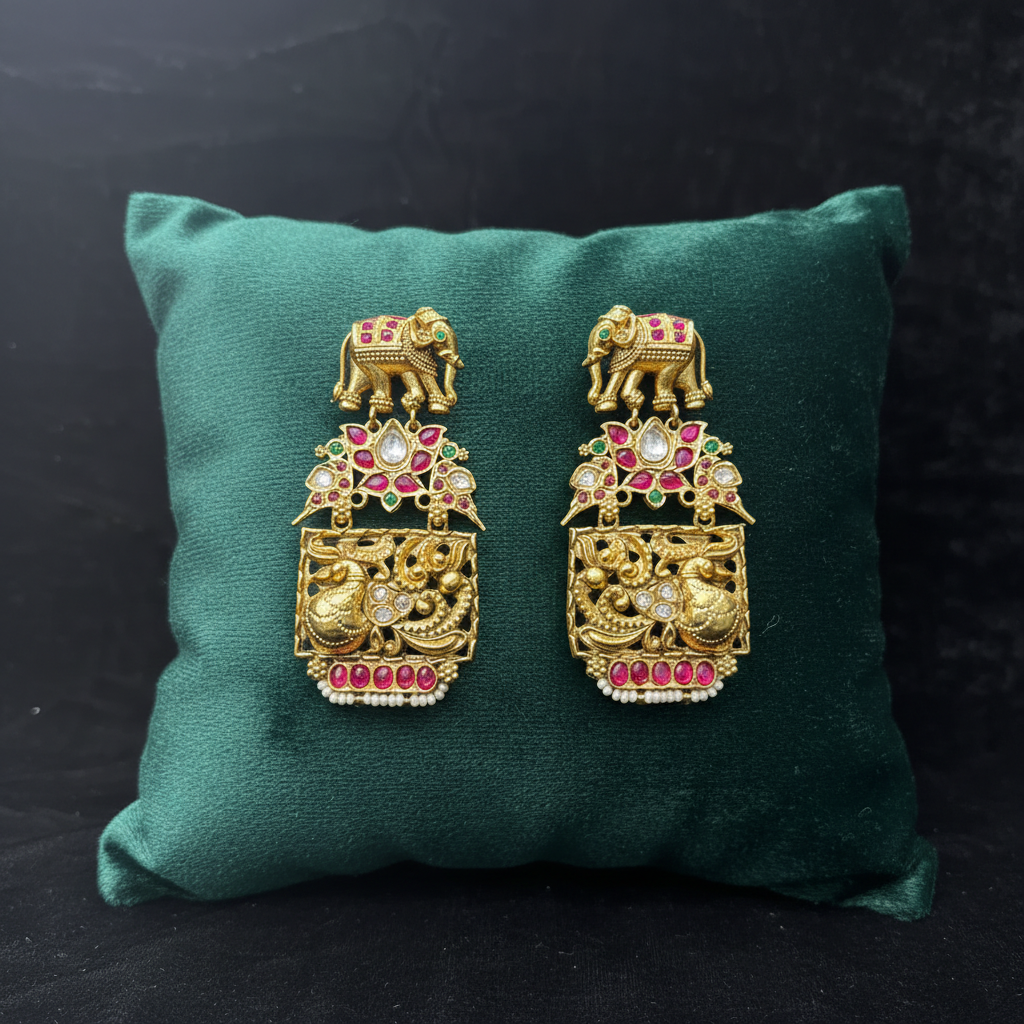 Royal Elephant and Peacock Temple Drop Earrings - View 2