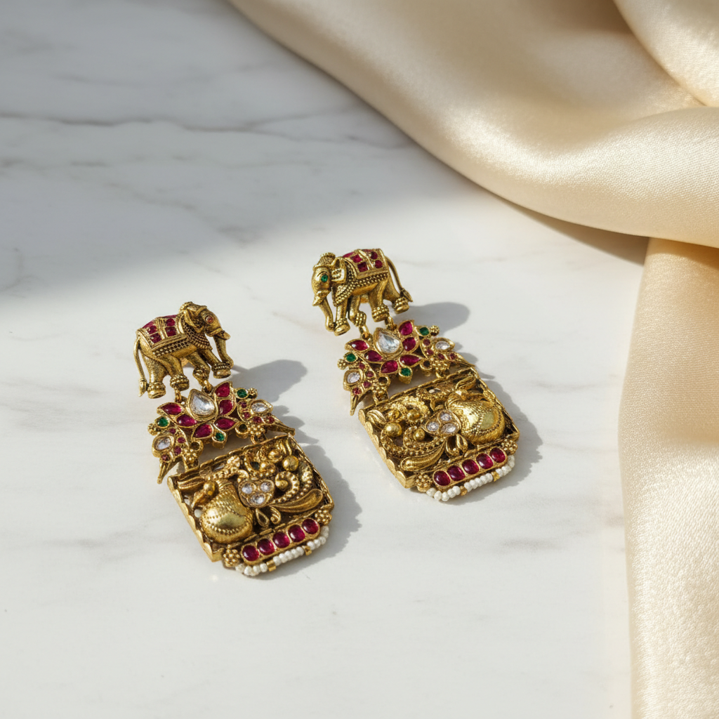 Royal Elephant and Peacock Temple Drop Earrings