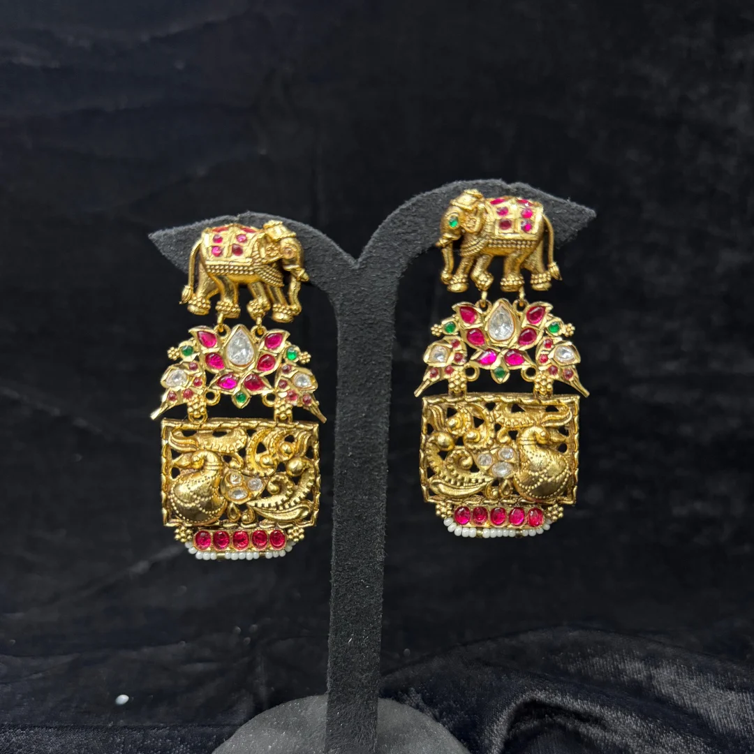 Royal Elephant and Peacock Temple Drop Earrings - View 3