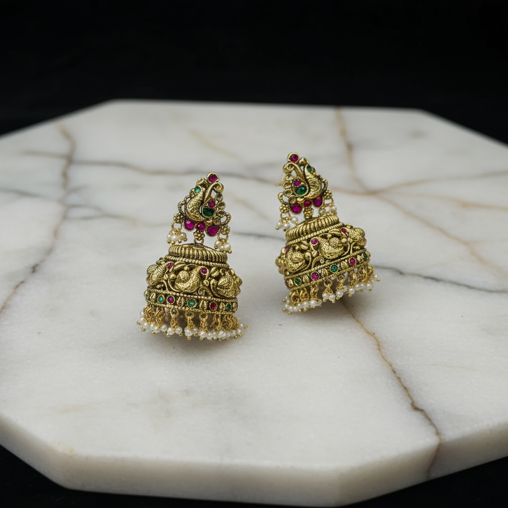 Regal Peacock Antique Matte Gold Jhumkas - View 2