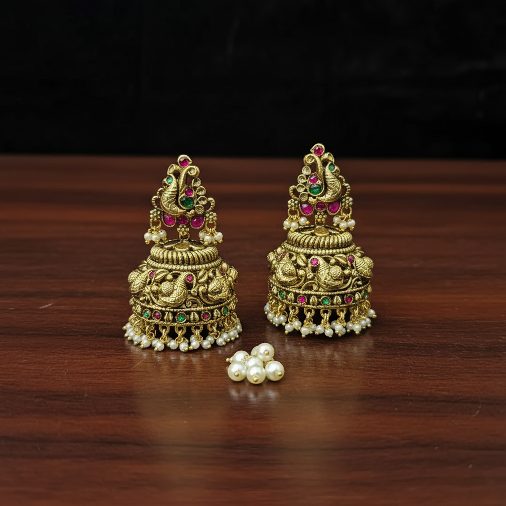 Regal Peacock Antique Matte Gold Jhumkas - View 3