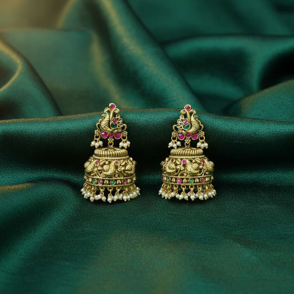 Regal Peacock Antique Matte Gold Jhumkas