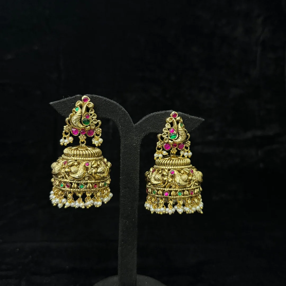 Regal Peacock Antique Matte Gold Jhumkas - View 4