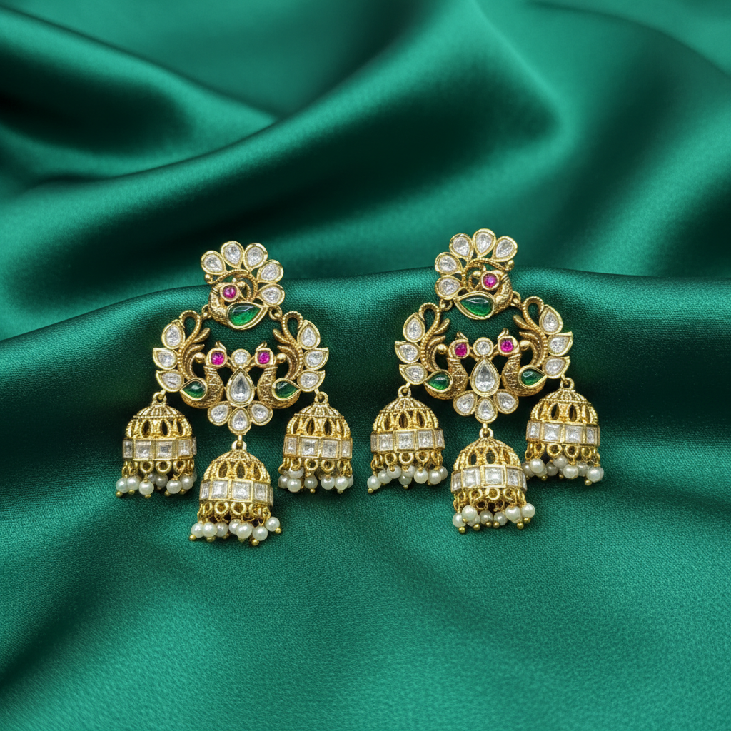 Maharani Triple-Jhumka Peacock Earrings - View 2