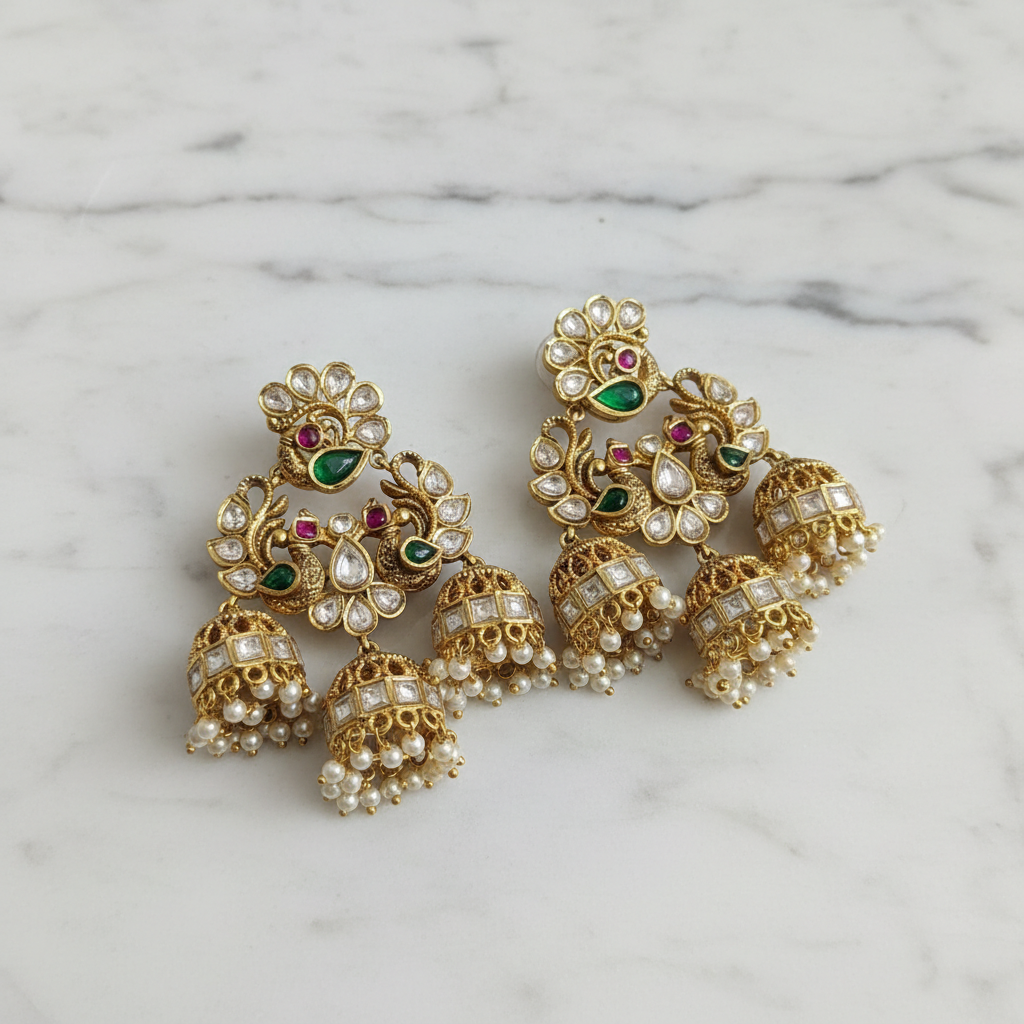 Maharani Triple-Jhumka Peacock Earrings