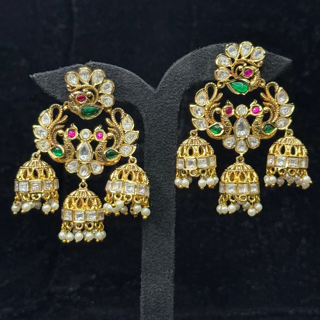 Maharani Triple-Jhumka Peacock Earrings - View 3