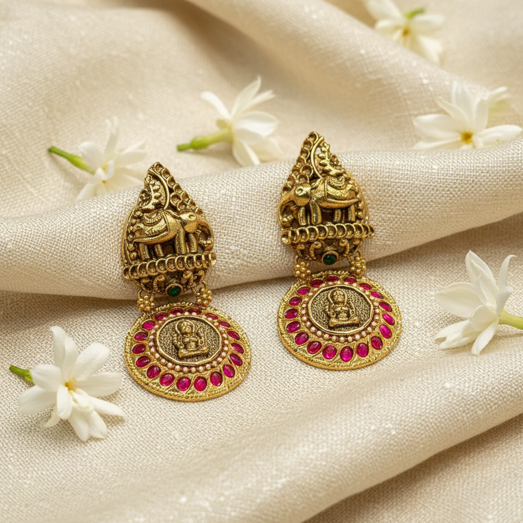 Imperial Gajalakshmi Temple Drop Earrings - View 2