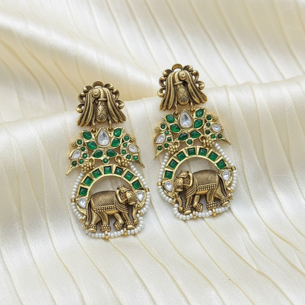 Regal Gaja Emerald Heritage Drop Earrings - View 2