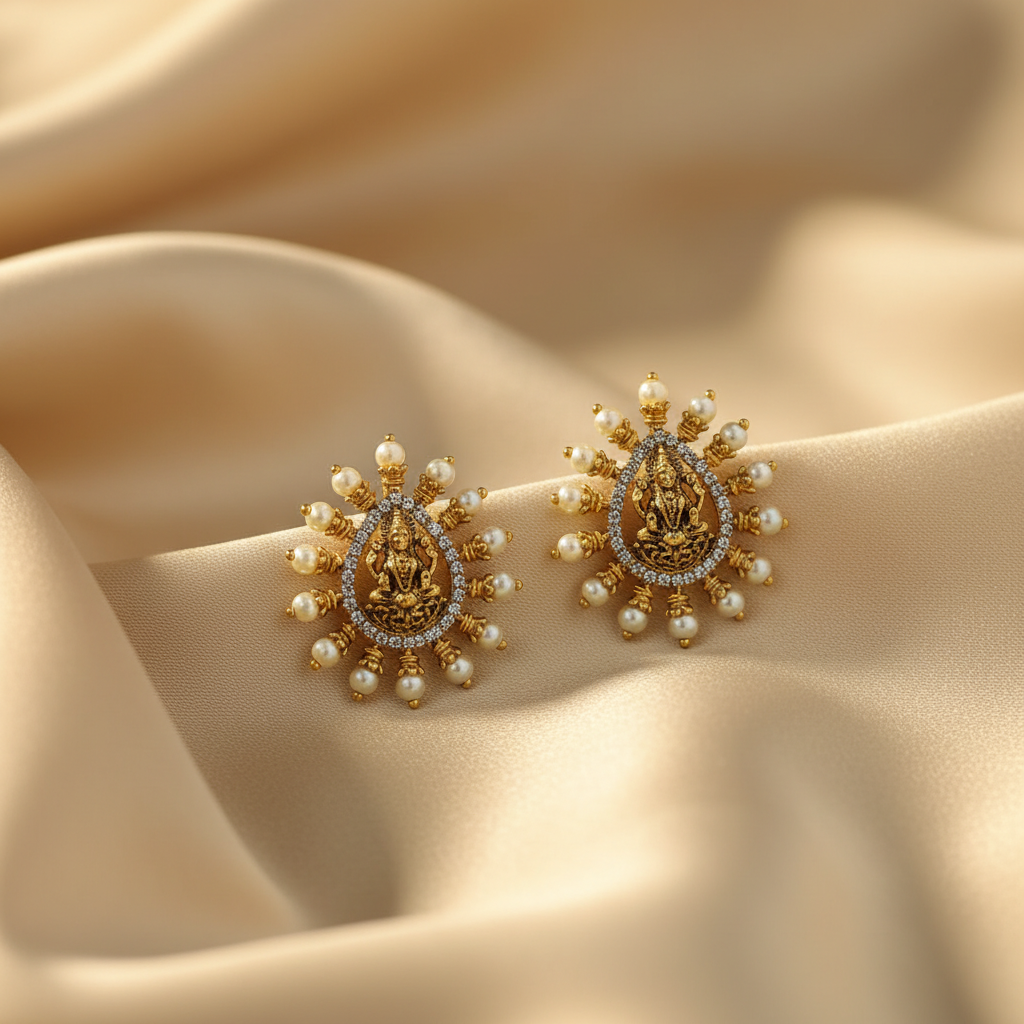 Divine Lakshmi Pearl Halo Studs - View 2