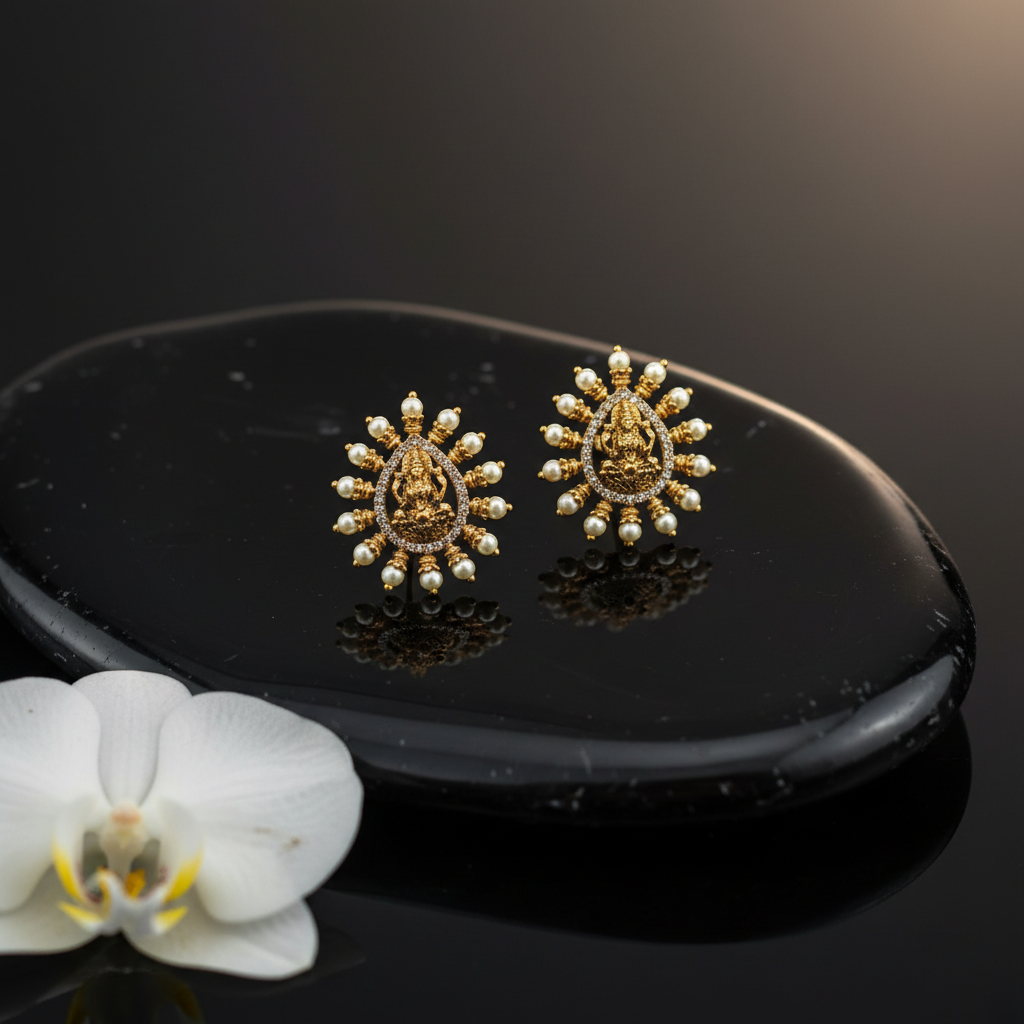Divine Lakshmi Pearl Halo Studs - View 3