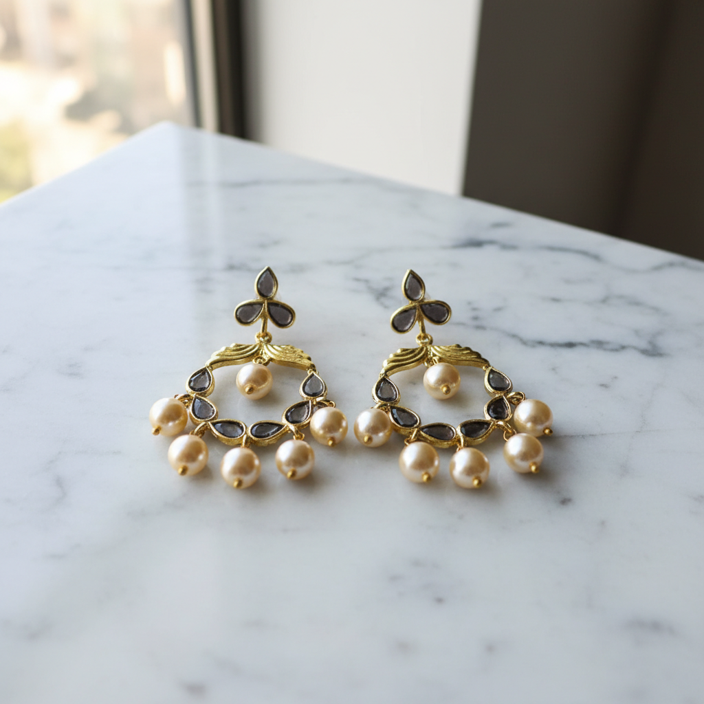 Aura Pearl & Smoky Stone Chandelier Earrings