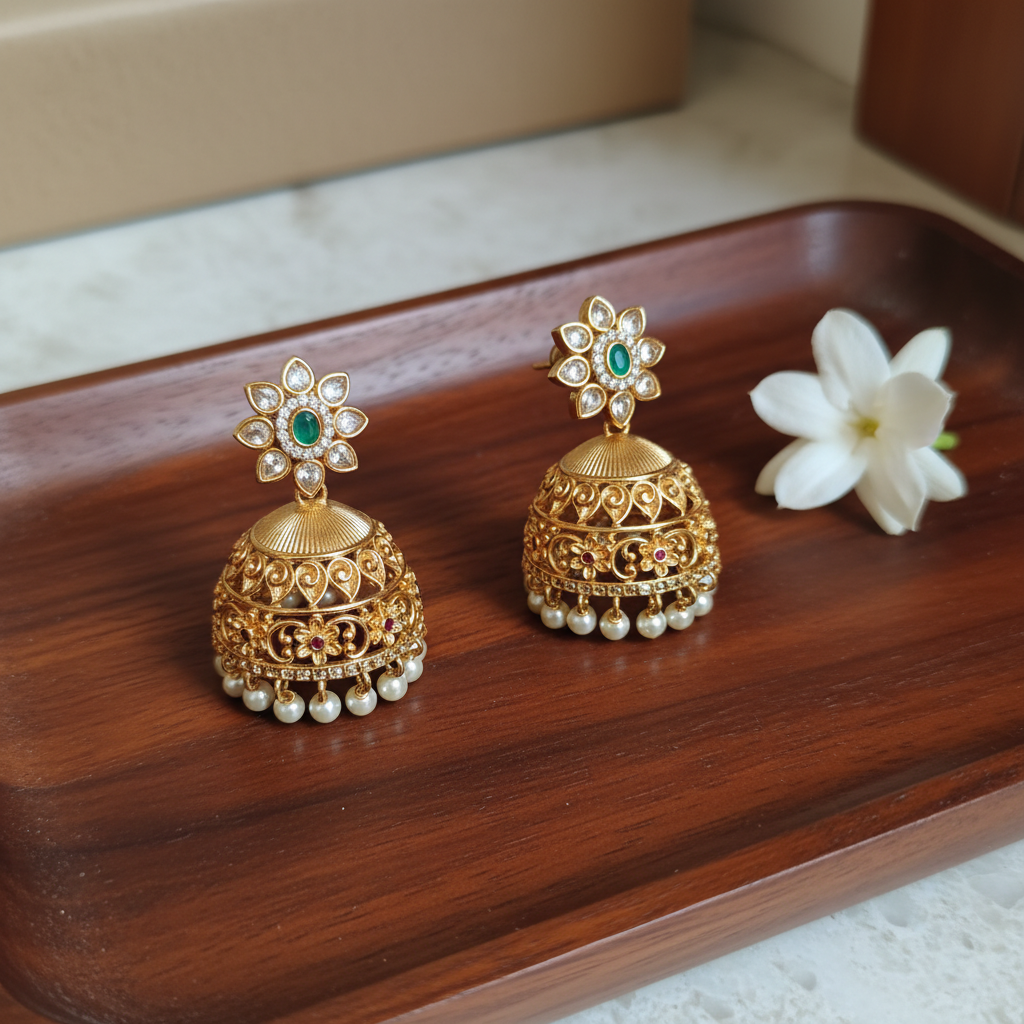 Amara Emerald Bloom Jhumkas - View 3