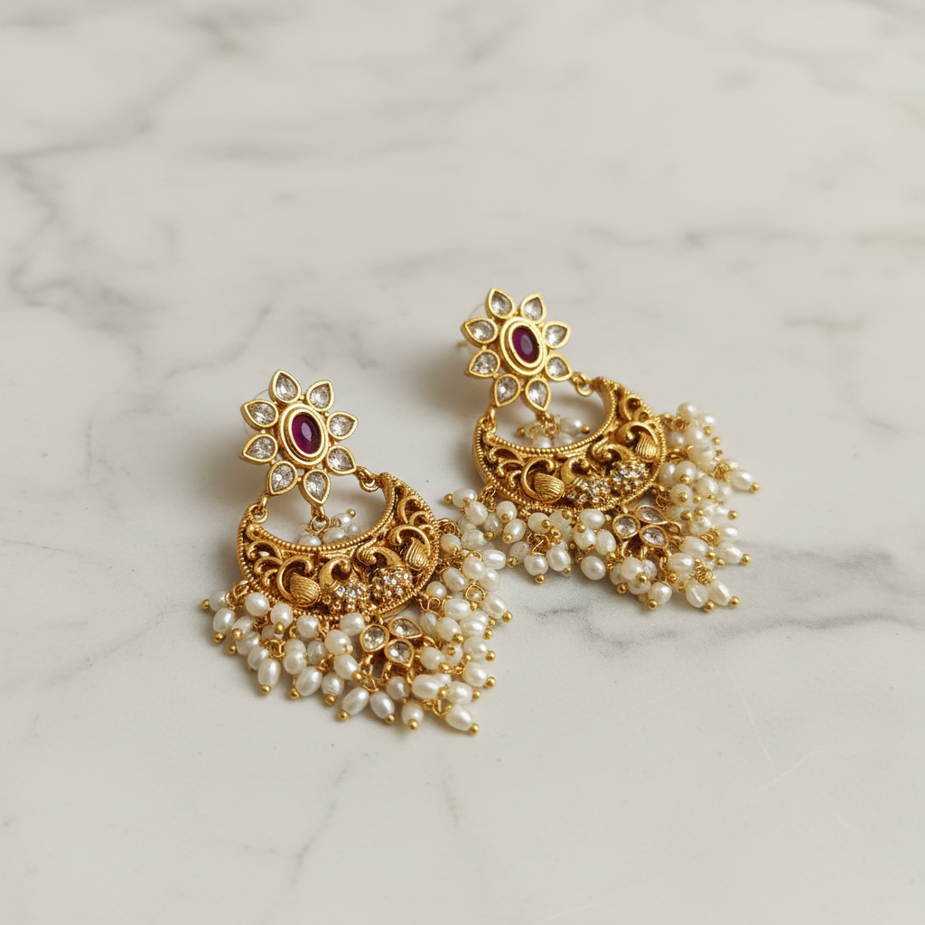 Apsara Peacock Antique Gold Chandbalis - View 2